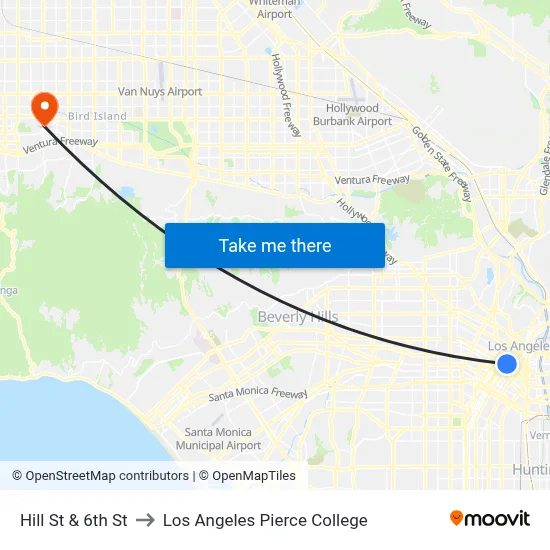 Hill St & 6th St to Los Angeles Pierce College map