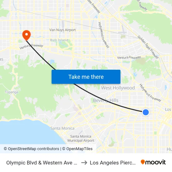 Olympic Blvd & Western Ave (Eastbound) to Los Angeles Pierce College map
