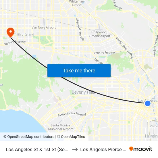 Los Angeles St & 1st St (Southbound) to Los Angeles Pierce College map