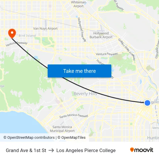 Grand Ave & 1st St to Los Angeles Pierce College map