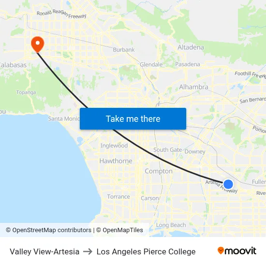 Valley View-Artesia to Los Angeles Pierce College map