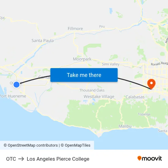 OTC to Los Angeles Pierce College map