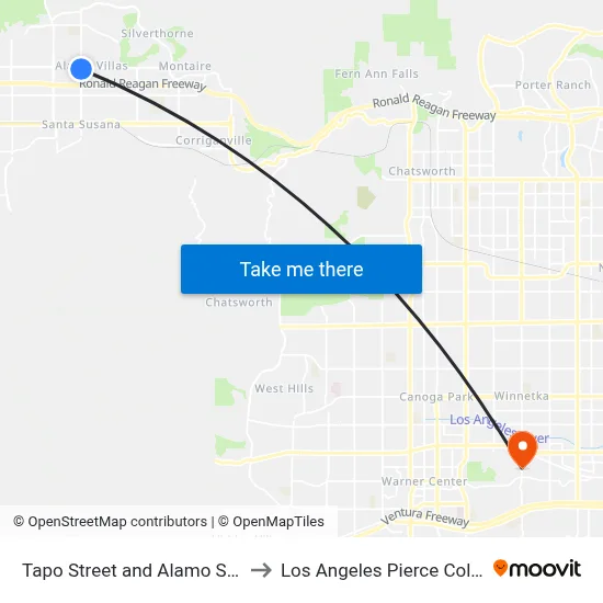 Tapo Street and Alamo Street to Los Angeles Pierce College map
