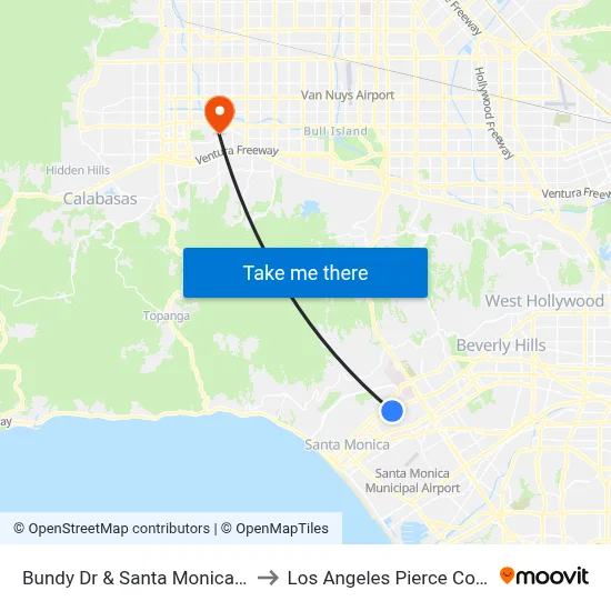 Bundy Dr & Santa Monica Blvd to Los Angeles Pierce College map