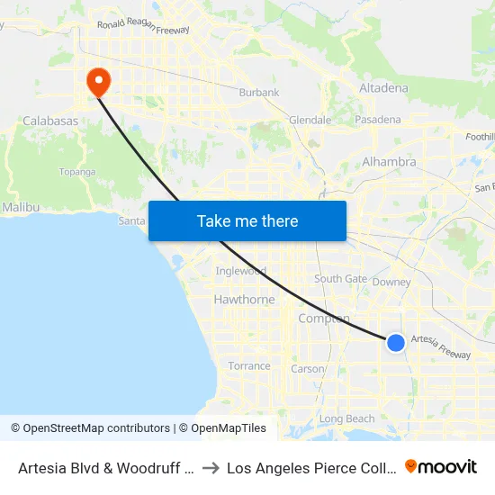 Artesia Blvd & Woodruff Ave to Los Angeles Pierce College map