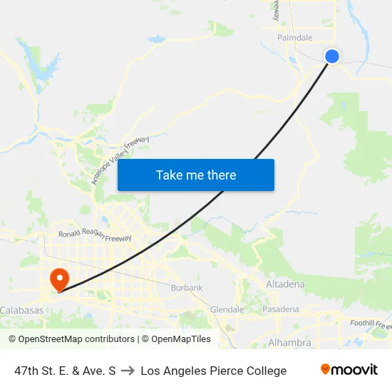 47th St. E. & Ave. S to Los Angeles Pierce College map