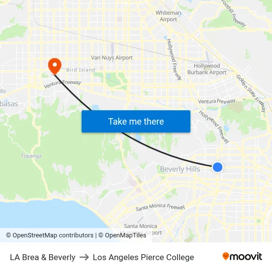 LA Brea & Beverly to Los Angeles Pierce College map