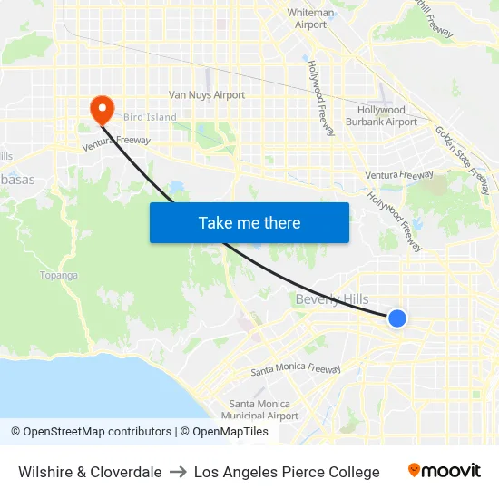 Wilshire & Cloverdale to Los Angeles Pierce College map