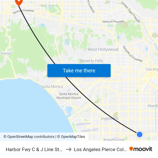 Harbor Fwy C & J Line Station to Los Angeles Pierce College map