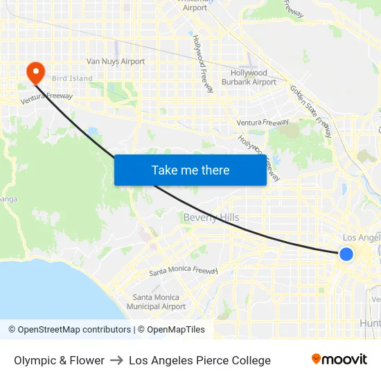 Olympic & Flower to Los Angeles Pierce College map