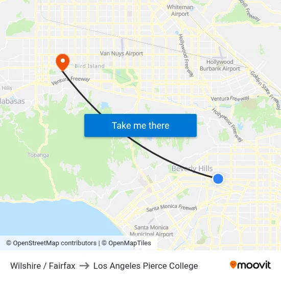 Wilshire / Fairfax to Los Angeles Pierce College map