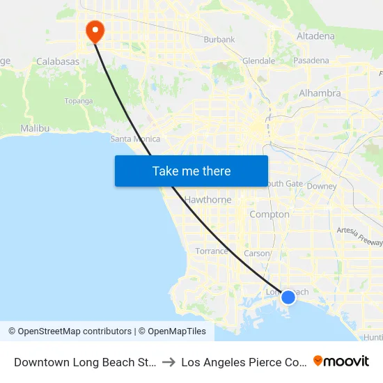 Downtown Long Beach Station to Los Angeles Pierce College map