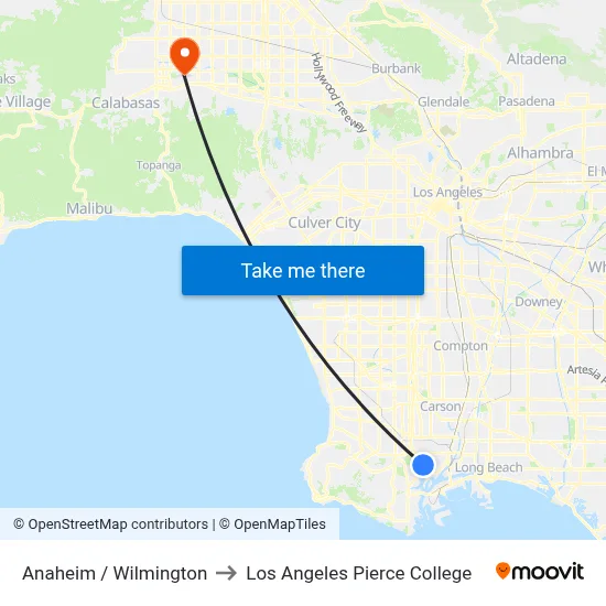 Anaheim / Wilmington to Los Angeles Pierce College map