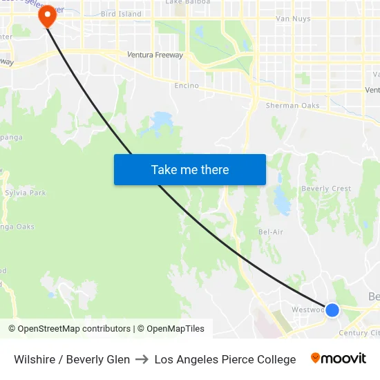 Wilshire / Beverly Glen to Los Angeles Pierce College map