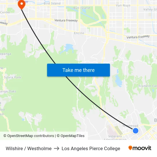 Wilshire / Westholme to Los Angeles Pierce College map