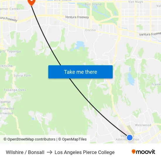 Wilshire / Bonsall to Los Angeles Pierce College map
