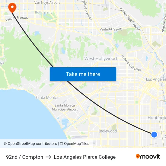 92nd / Compton to Los Angeles Pierce College map