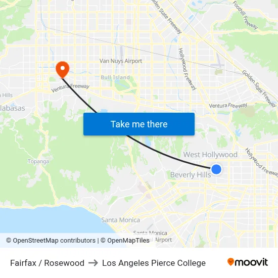 Fairfax / Rosewood to Los Angeles Pierce College map
