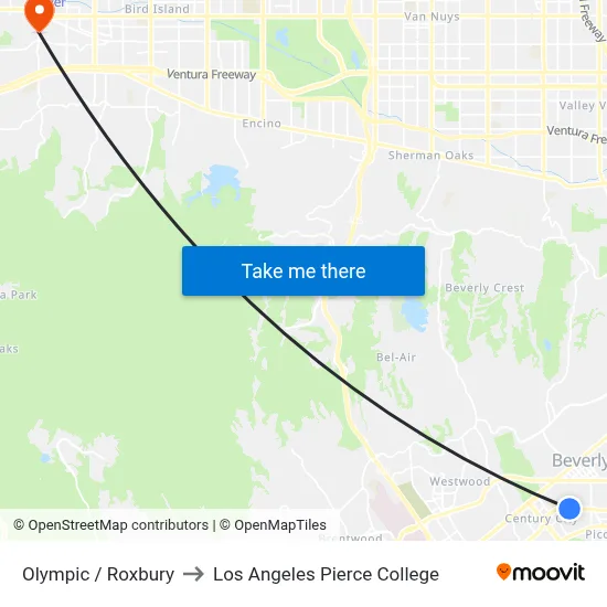Olympic / Roxbury to Los Angeles Pierce College map