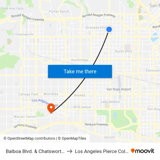 Balboa Blvd. & Chatsworth St. to Los Angeles Pierce College map