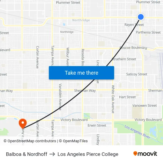 Balboa & Nordhoff to Los Angeles Pierce College map