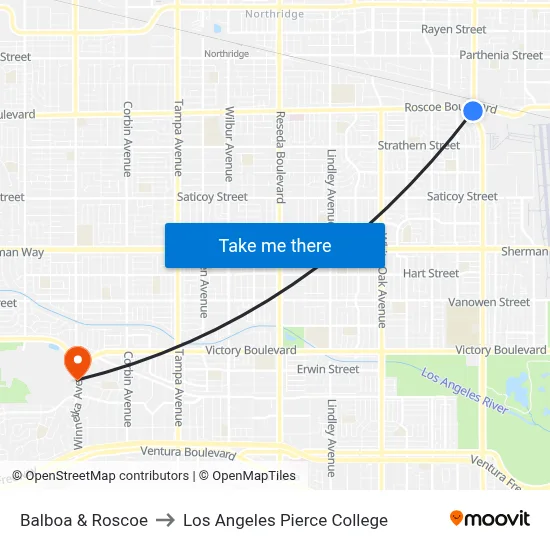 Balboa & Roscoe to Los Angeles Pierce College map