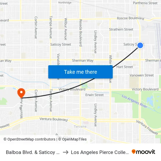 Balboa Blvd. & Saticoy St. to Los Angeles Pierce College map