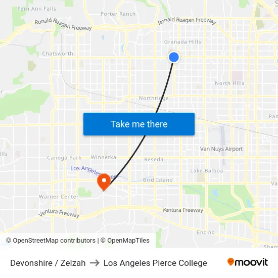 Devonshire / Zelzah to Los Angeles Pierce College map