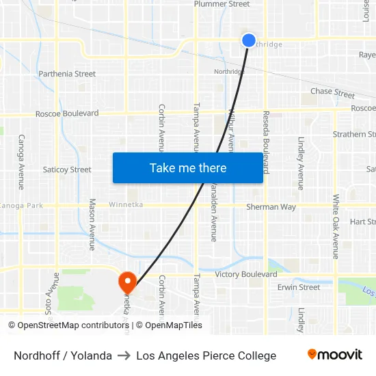 Nordhoff / Yolanda to Los Angeles Pierce College map