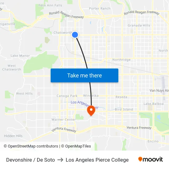 Devonshire / De Soto to Los Angeles Pierce College map