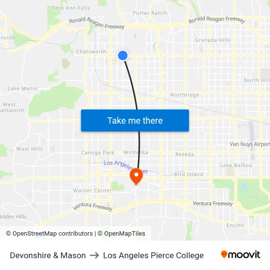 Devonshire & Mason to Los Angeles Pierce College map