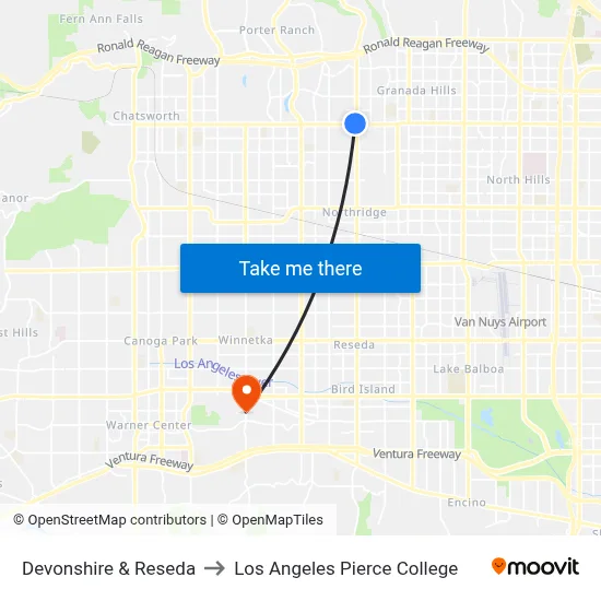 Devonshire & Reseda to Los Angeles Pierce College map