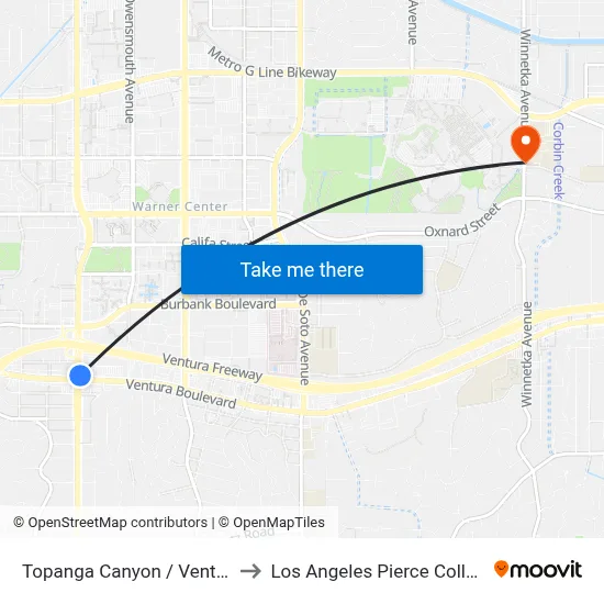 Topanga Canyon / Ventura to Los Angeles Pierce College map