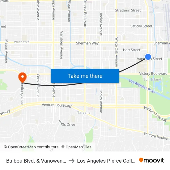 Balboa Blvd. & Vanowen St. to Los Angeles Pierce College map
