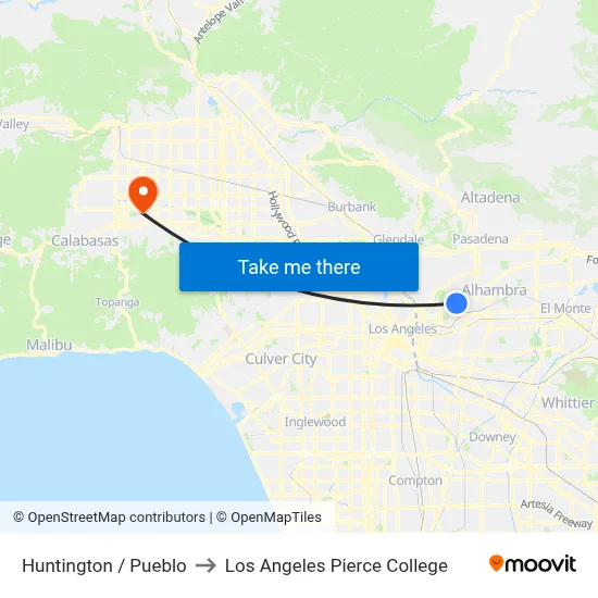 Huntington / Pueblo to Los Angeles Pierce College map