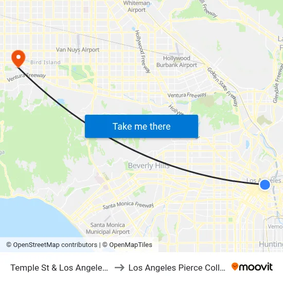 Temple St & Los Angeles St to Los Angeles Pierce College map