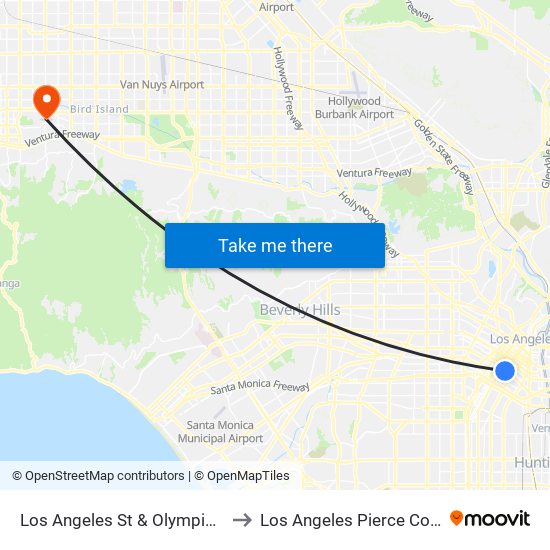 Los Angeles St & Olympic Blvd to Los Angeles Pierce College map