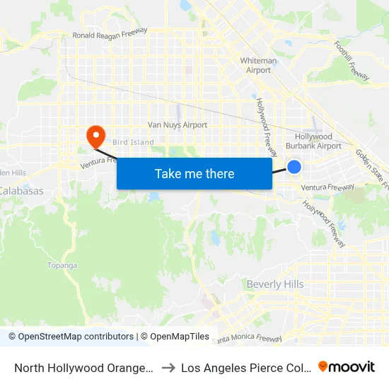North Hollywood Orange Line to Los Angeles Pierce College map