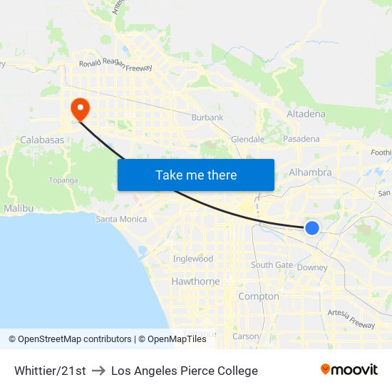 Whittier/21st to Los Angeles Pierce College map