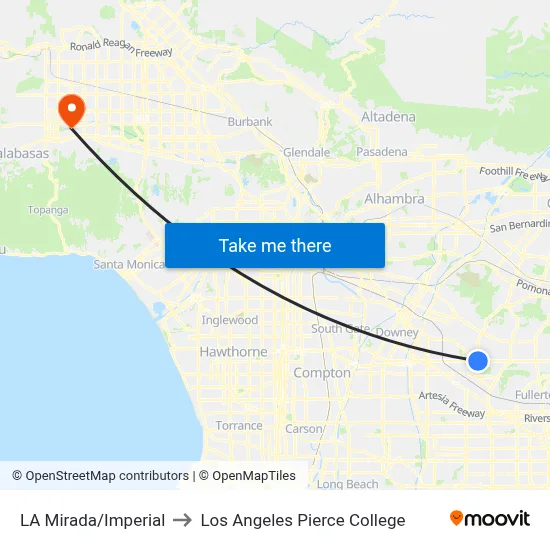 LA Mirada/Imperial to Los Angeles Pierce College map