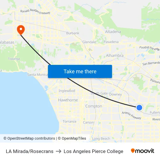 LA Mirada/Rosecrans to Los Angeles Pierce College map
