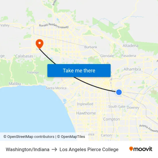 Washington/Indiana to Los Angeles Pierce College map