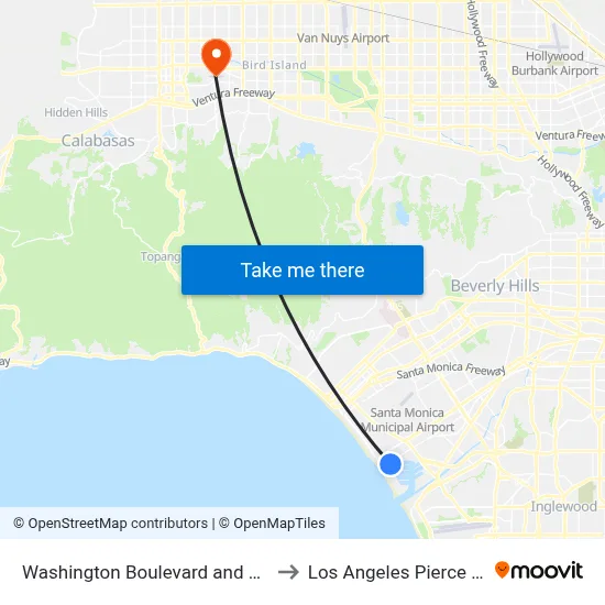 Washington Boulevard and via Marina to Los Angeles Pierce College map