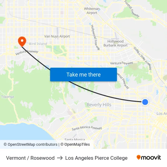 Vermont / Rosewood to Los Angeles Pierce College map