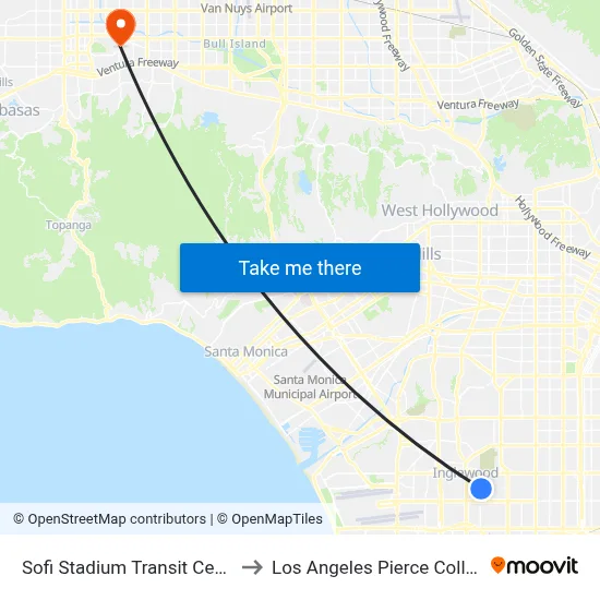 Sofi Stadium Transit Center to Los Angeles Pierce College map
