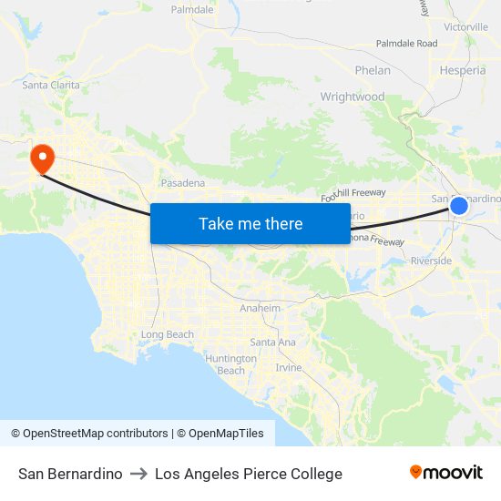 San Bernardino to Los Angeles Pierce College map