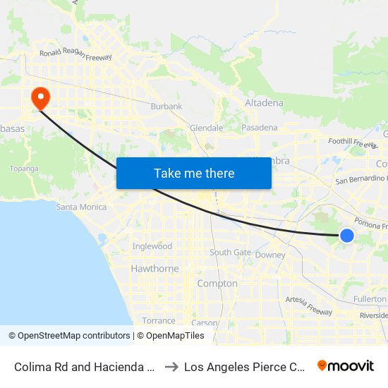 Colima Rd and Hacienda Blvd S to Los Angeles Pierce College map