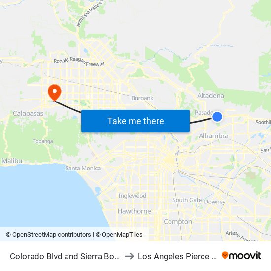 Colorado Blvd and Sierra Bonita Ave E to Los Angeles Pierce College map