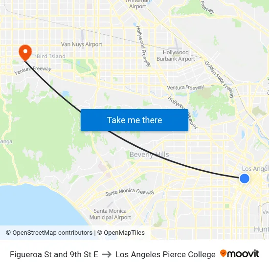 Figueroa St and 9th St E to Los Angeles Pierce College map