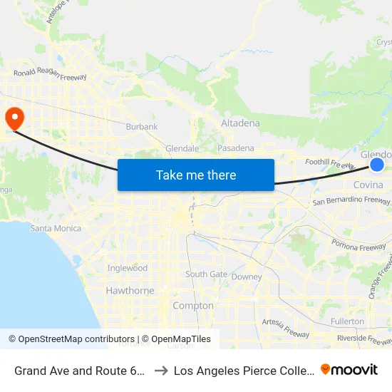 Grand Ave and Route 66  E to Los Angeles Pierce College map